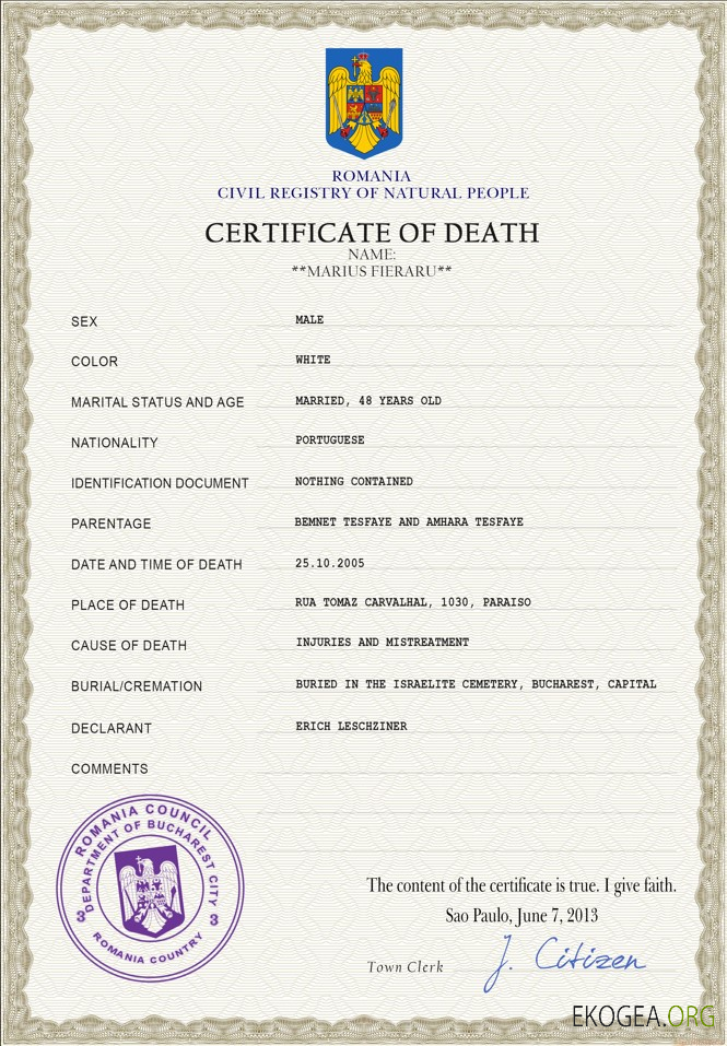 Modèle PSD de certificat de décès de Roumanie